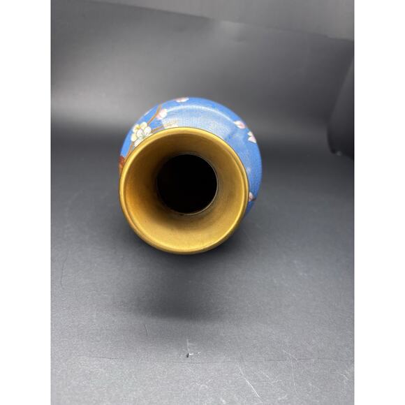 Vintage Chinese 8 1/4" BLUE CLOISONNE VASE Enamel Brass Cherry Blossom w/Bird - Picture 8 of 16